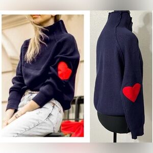 Chicwish Navy Turtleneck with Red Heart and Soul Patched Knit Sweater in Navy